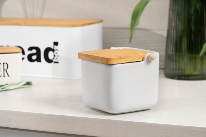 Ardesto Sugar bowl Midori 12х12х11cm, 840ml, ceramic, bamboo, white