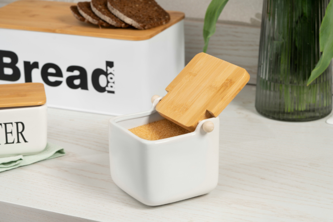 Ardesto Sugar bowl Midori 12х12х11cm, 840ml, ceramic, bamboo, white