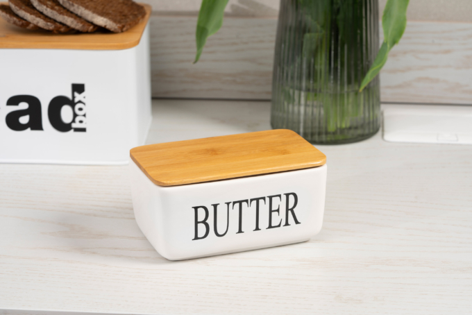 Ardesto Butter dish Midori 16.5х10х8cm, ceramic, bamboo, white
