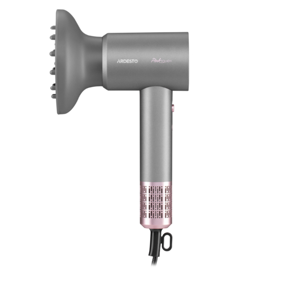 Фен Ardesto Pink Touch, 1600Вт, 2 скорости, 3 темп.режима, ионизация, диффузор, магнитные насадки, серый+розовый