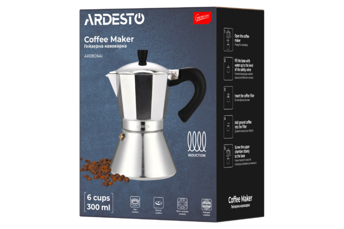 Гейзерная кофеварка Ardesto Gemini Piemonte, 0.3л, 6 чашек, алюминий