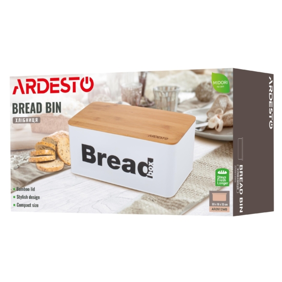 Ardesto Bread bin Midori 33х18х13cm, metal, bamboo, white