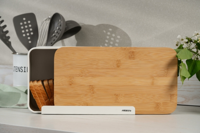 Ardesto Bread bin Midori 33х13х18cm, metal, bamboo, white