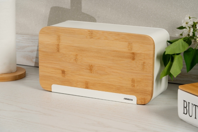 Ardesto Bread bin Midori 33х13х18cm, metal, bamboo, white