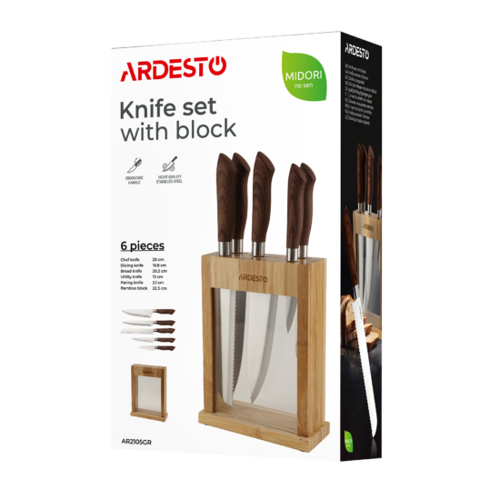Ardesto Knives Set with block Midori, 6pcs, stainless steel, plastic, bamboo, brown