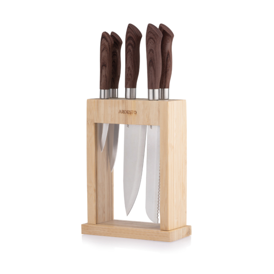 Ardesto Knives Set with block Midori, 6pcs, stainless steel, plastic, bamboo, brown
