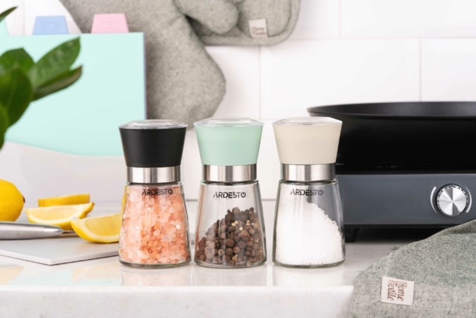 Ardesto Salt and Pepper Mill Gemini, 180ml, glass, plastic, transparent, black