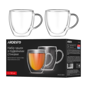 Ardesto Double wall mug set with handle, 180ml, 2pcs, borosilicate glass, transparent