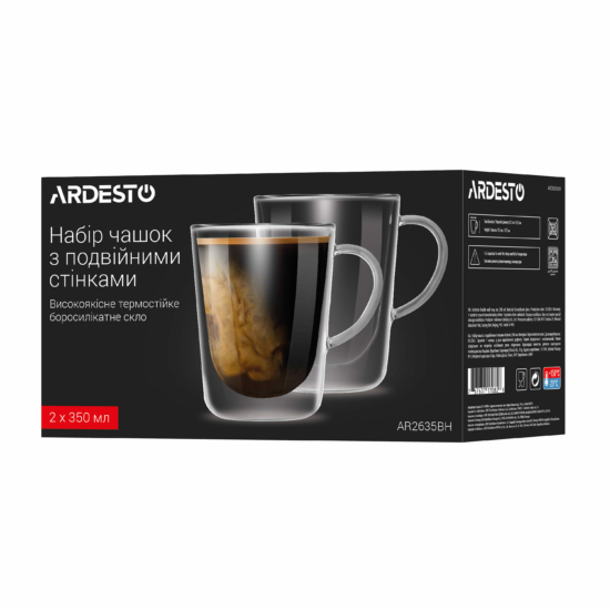 Ardesto Double wall mug set with handle, 350ml, 2pcs, borosilicate glass, transparent