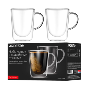 Ardesto Double wall mug set with handle, 350ml, 2pcs, borosilicate glass, transparent