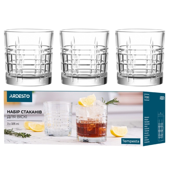 Ardesto Whiskey glasses set Tempesta 325ml, 3pcs, glass, transparent