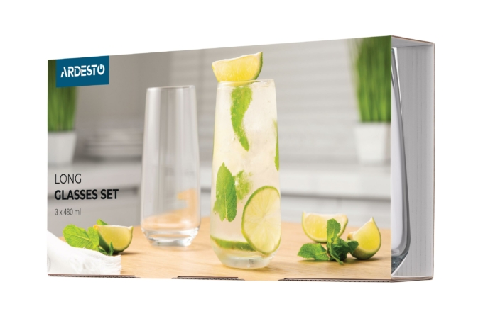 Ardesto Long glasses set Gloria Shine, 480ml, 3pcs, glass, transparent