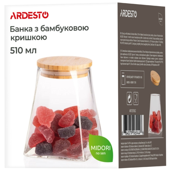 Банка для зберігання Ardesto Midori, 510мл, скло, бамбук, конусна, прозорий