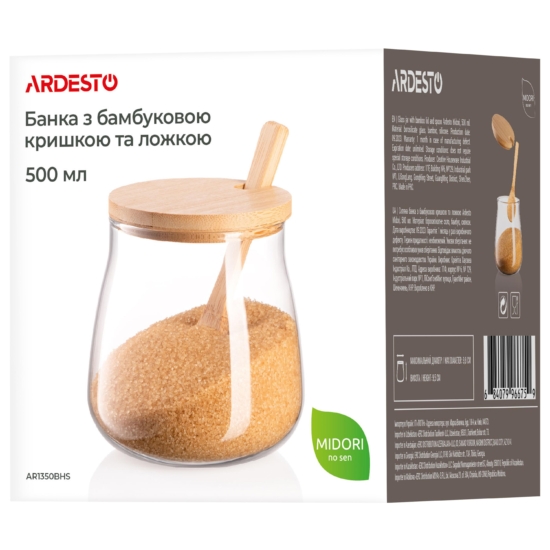 Банка для зберігання Ardesto Midori Sugar, 500мл, скло, бамбук, прозорий