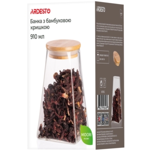 Банка для зберігання Ardesto Midori, 910мл, скло, бамбук, конусна, прозорий