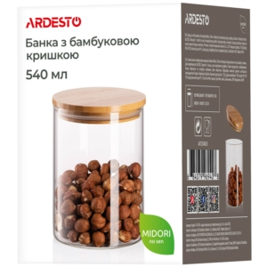 Банка для зберігання Ardesto Midori, 540мл, скло, бамбук, кругла, прозорий