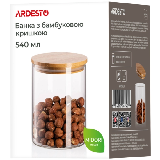Банка для зберігання Ardesto Midori, 540мл, скло, бамбук, кругла, прозорий