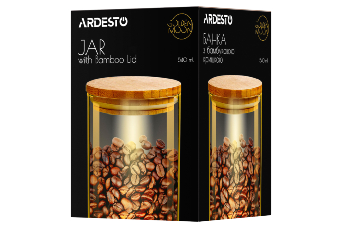 Банка для хранения Ardesto Golden Moon, 540мл, стекло, бамбук, круглая, золотистый