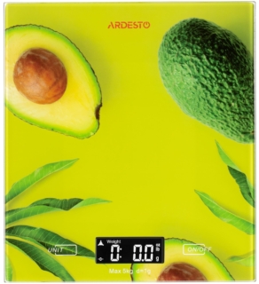 Ardesto scales for kitchen Avocado, 5кг, AAAx2 included, glass, colorful