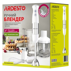 Блендер Ardesto погружной HBG-800WWHCHML, 800Вт, 4в1, чаша-600мл, чопер 500мл, бело-серебристый