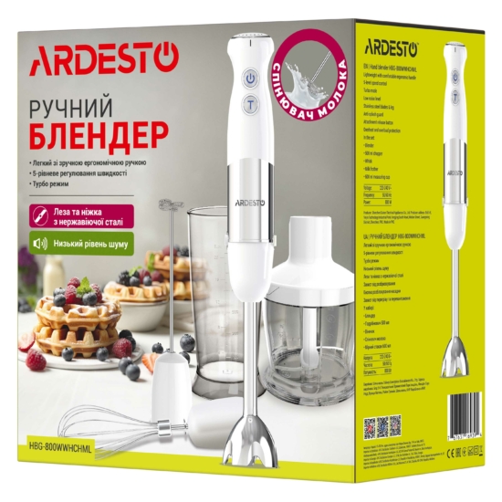 Блендер Ardesto погружной HBG-800WWHCHML, 800Вт, 4в1, чаша-600мл, чопер 500мл, бело-серебристый