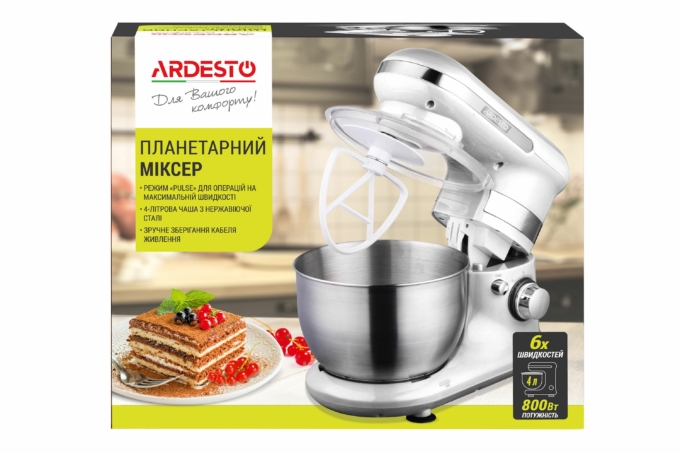 Миксер Ardesto планетарный 800Вт, насадки-3, чаша-нерж., металл, 4л, Pulse-режим, белый