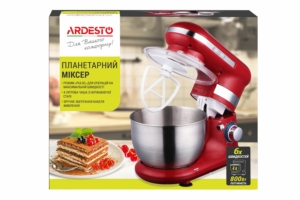 ARDESTO Міксер планетарний 800Вт, насадки-3, чаша-нерж., метал, 4л, Pulse-режим, червоний