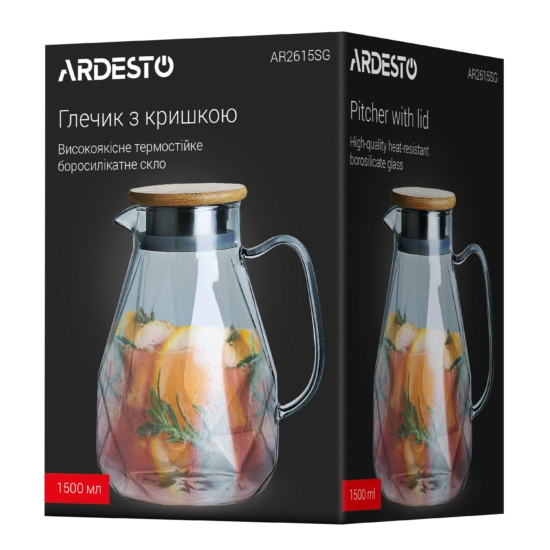 Ardesto Pitcher with lid Graphite, 1500ml, borosilicate glass, bamboo, stainless steel, gray
