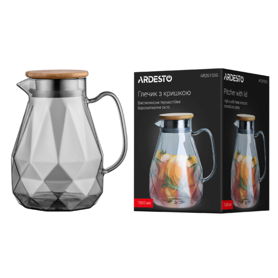 Ardesto Pitcher with lid Graphite, 1500ml, borosilicate glass, bamboo, stainless steel, gray