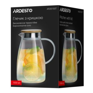 ARDESTO Pitcher with lid, 1500ml, borosilicate glass, bamboo, stainless steel, transparent
