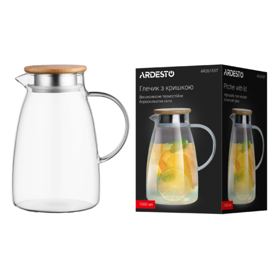 ARDESTO Pitcher with lid, 1500ml, borosilicate glass, bamboo, stainless steel, transparent