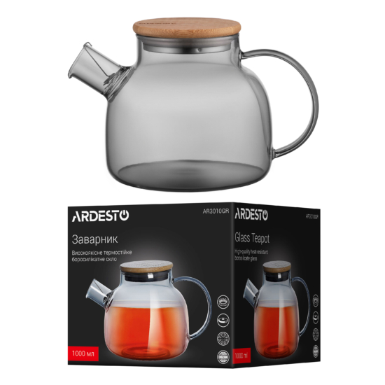 Заварник Ardesto Graphite, 1000мл, боросилікатне скло, бамбук, cірий