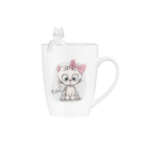 Ardesto Mug with spoon Cute, 320ml, new bone china, stainless steel, white