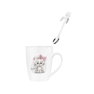 Ardesto Mug with spoon Cute, 320ml, new bone china, stainless steel, white