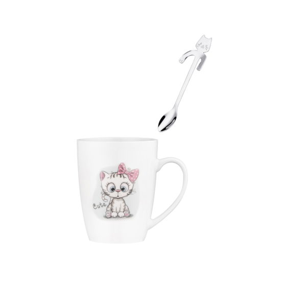 Ardesto Mug with spoon Cute, 320ml, new bone china, stainless steel, white