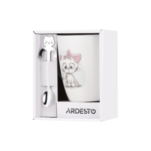 Ardesto Mug with spoon Cute, 320ml, new bone china, stainless steel, white