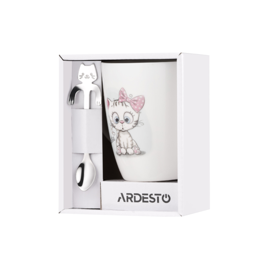Ardesto Mug with spoon Cute, 320ml, new bone china, stainless steel, white