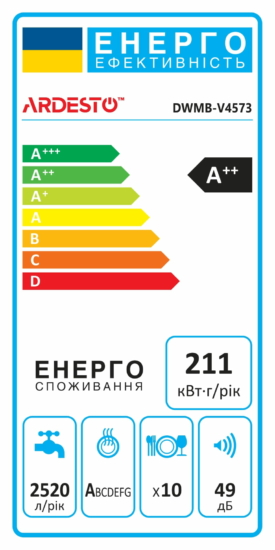 Посудомоечная машина ARDESTO встраиваемая, 10компл., А++, 45см, дисплей, 3я корзина, белый