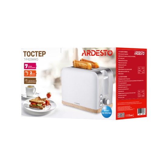 Тостер Ardesto Wood Modern, 800Вт, метал, 2 слоти, білий