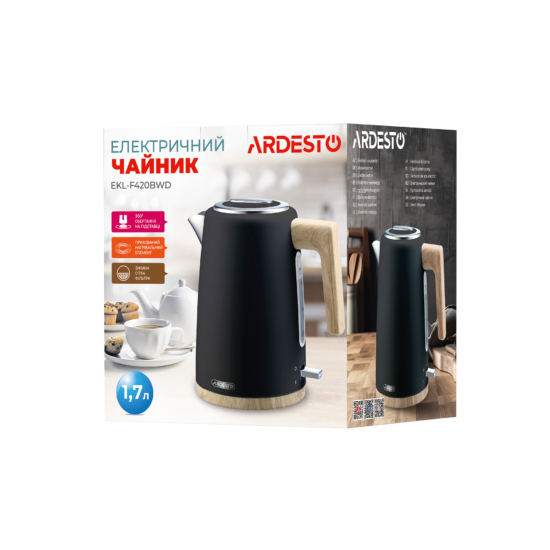 Електрочайник Ardesto Wood Modern, 1.7л, метал, мат, Strix, чорний