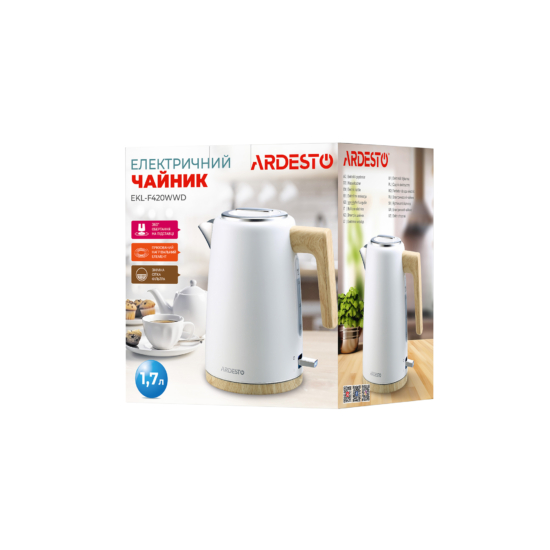 Електрочайник Ardesto Wood Modern, 1.7л, метал, мат, Strix, білий