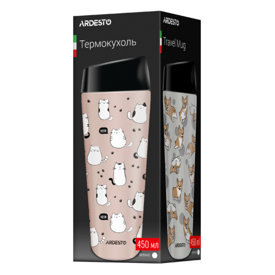 Термочашка Ardesto Coffee Time Cats 450мл, нержавеющая сталь, коричневый
