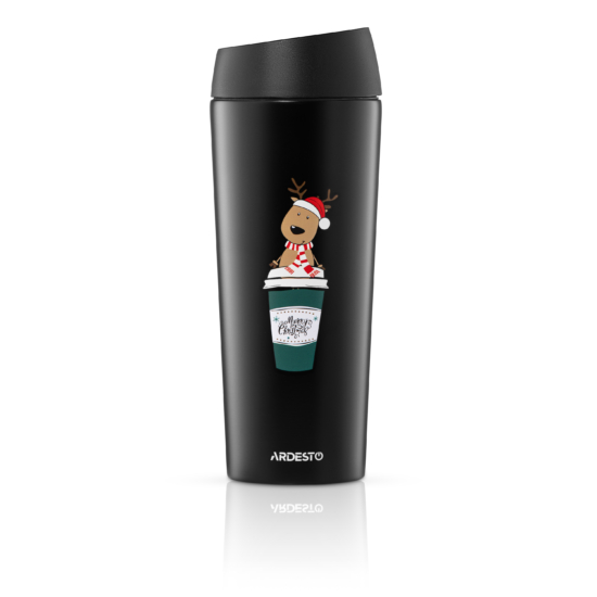 Термочашка Ardesto Coffee Time Christmas Reindeer 450мл, нержавеющая сталь, чорный