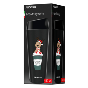 Термочашка Ardesto Coffee Time Christmas Reindeer 450мл, нержавеющая сталь, чорный