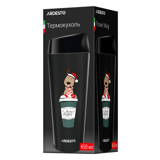 Термочашка Ardesto Coffee Time Christmas Reindeer 450мл, нержавеющая сталь, чорный