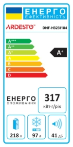 Ref ARDESTO with bottom freezer, 184×60х66.5, ref-218L, freez.-97L, 2doors, А+, NF, fresh zone, inox