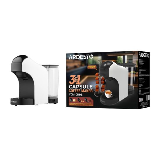 Кавоварка Ardesto капсульна, 0.9л,  капсули Nespresso, Nescafe Dolce Gusto, мелена кава, сенсорне керування, білий