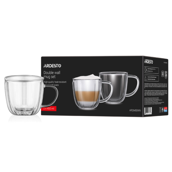 Ardesto Double wall mug set with handles 450ml, 2pcs, borosilicate glass, transparent