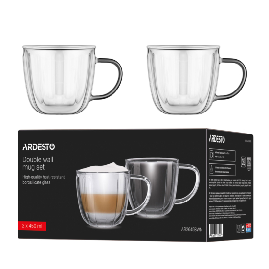 Ardesto Double wall mug set with handles 450ml, 2pcs, borosilicate glass, transparent