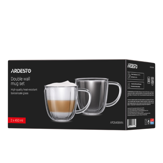 Ardesto Double wall mug set with handles 450ml, 2pcs, borosilicate glass, transparent